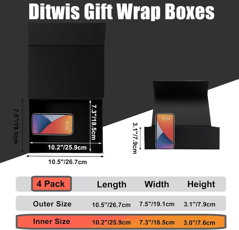 Ditwis 4 Pack 10.5x7.5x3.1 Inches Gift Boxes with Magnetic Closure Lids, Black Magnetic Box for Wedding, Groomsmen Bridesmaid Proposal, Birthdays, Mother's Day - Image 2